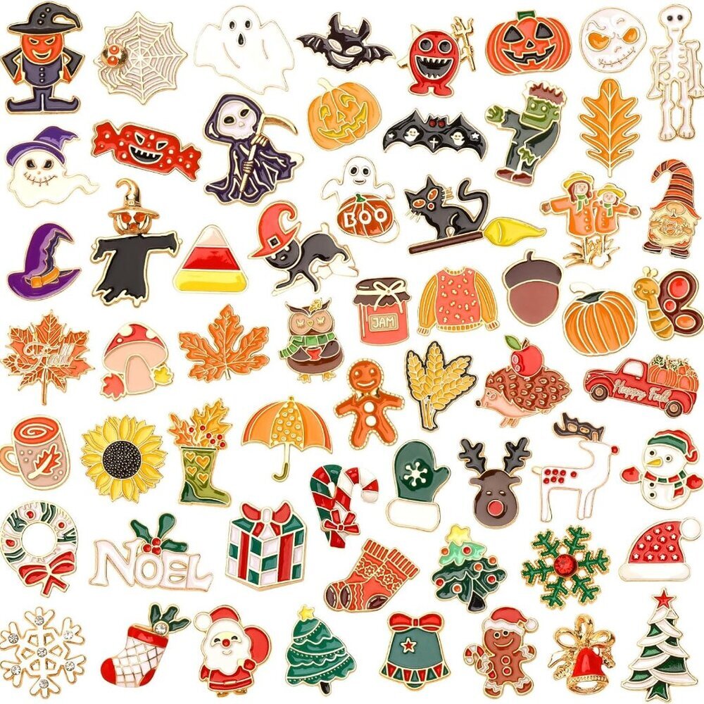 60Pcs Holiday Pins Set, Fall Halloween Christmas Enamel Brooch Pins for Party Fa